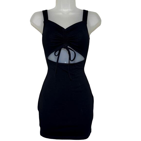XS Black Open Front Adjustable‎ Keyhole Mini Bodycon Dress Stretchy Sleeveless - Picture 1 of 3